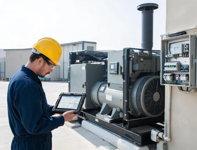 Generator technician reviewing transfer system data